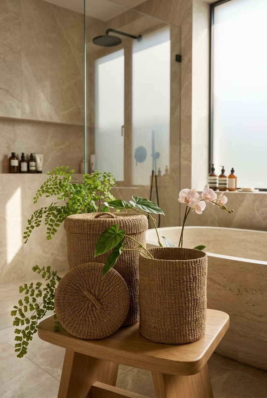 Handgeweven Abaca opbergmanden op een houten krukje naast een vrijstaand bad, met een witte orchidee en varens