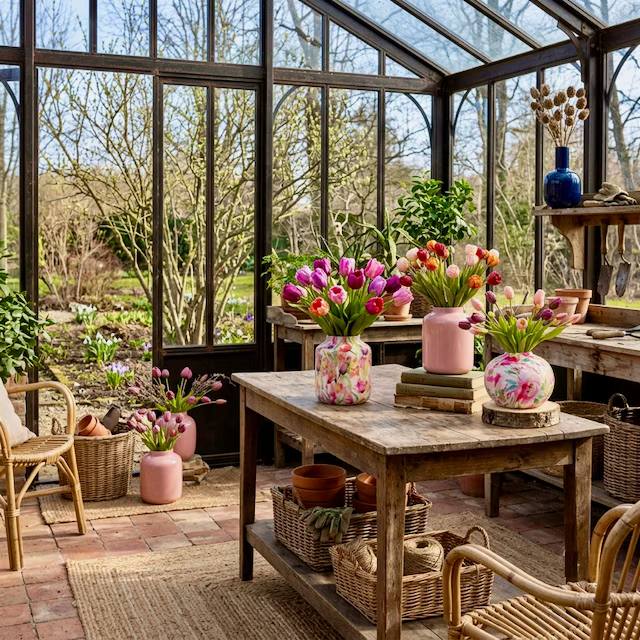 Serre met een houten werktafel vol kunsttulpen in gekleurde vazen, manden en potten, met uitzicht op de tuin