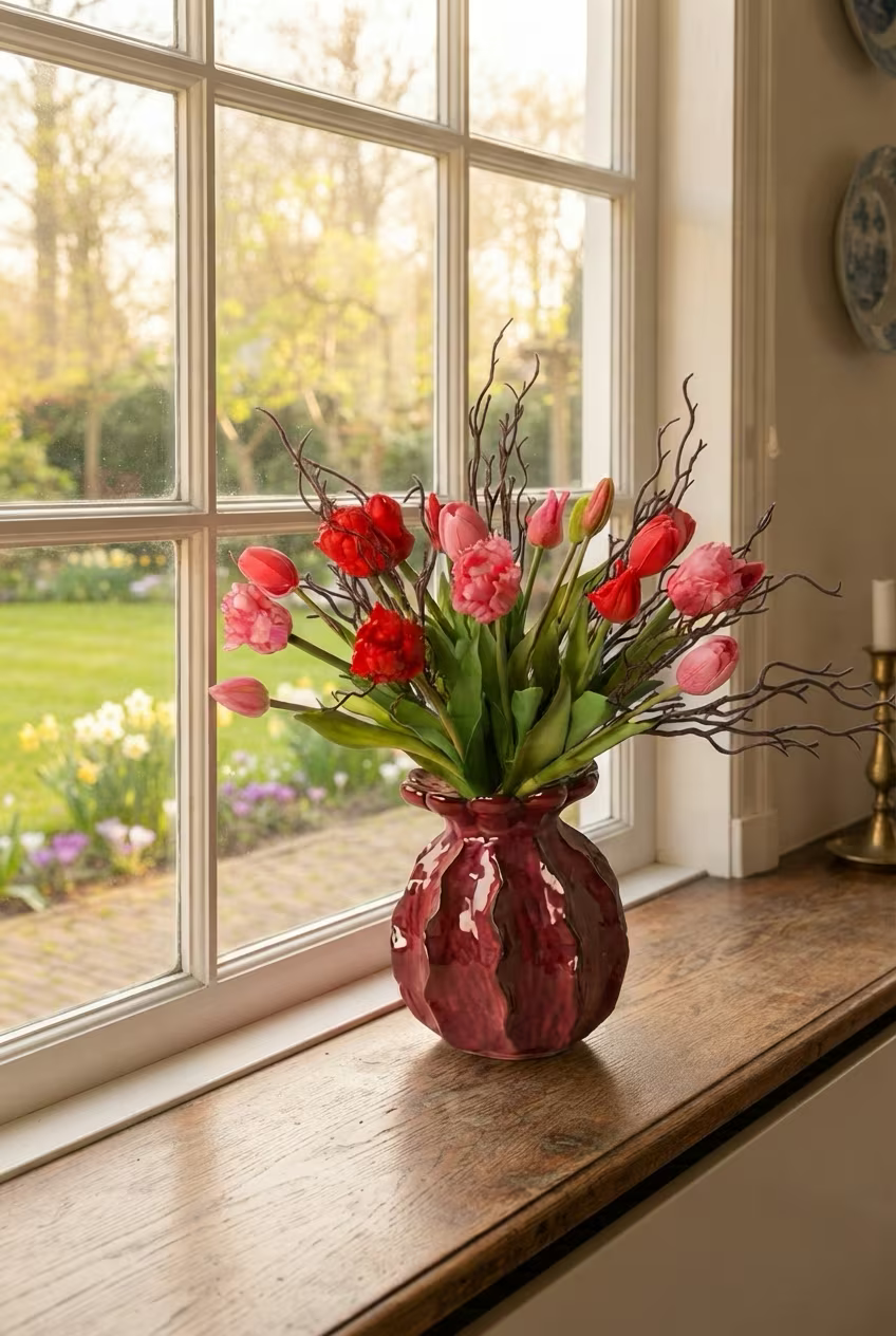 Boeket rode en roze kunsttulpen in een dieprode keramieken vaas op een houten vensterbank, met uitzicht op een voorjaarstuin