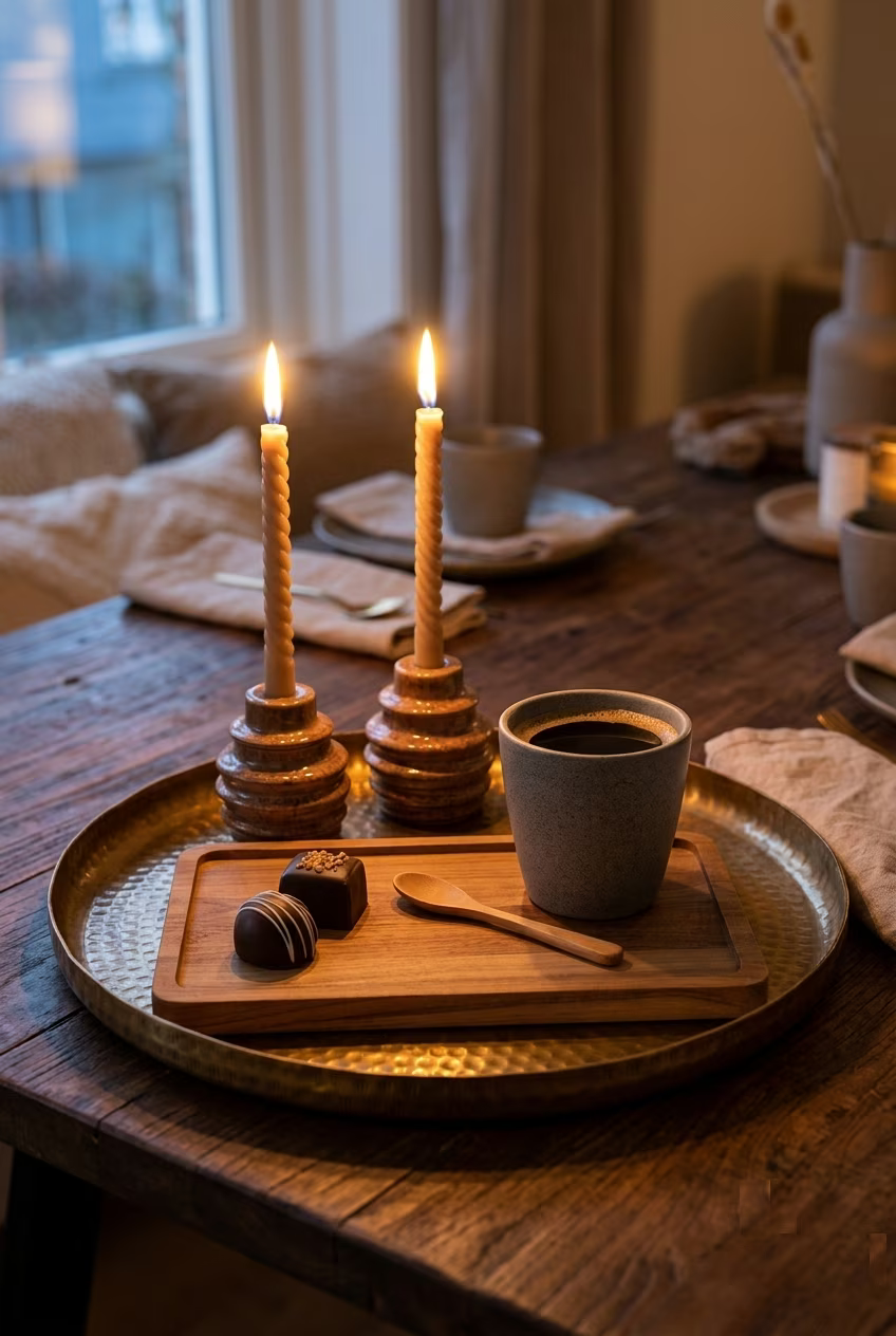 Twee brandende kaarsen in gouden kandelaren op een messing dienblad met koffie en bonbons, op een oude houten tafel