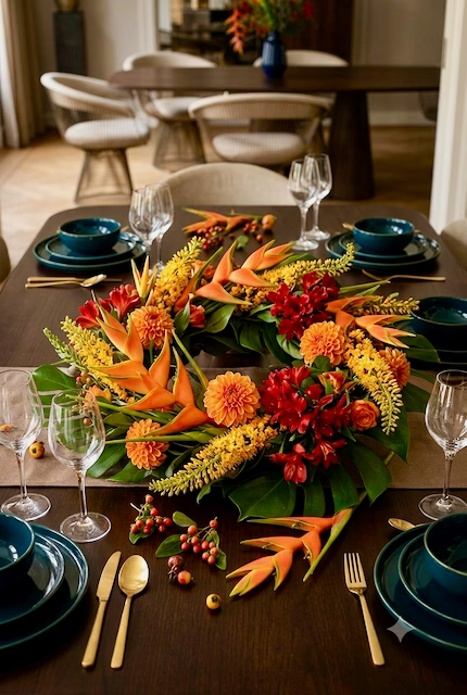 Gedekte eettafel met een lange baan oranje en rode zijden bloemen over het midden, tussen glazen en donkergroen servies