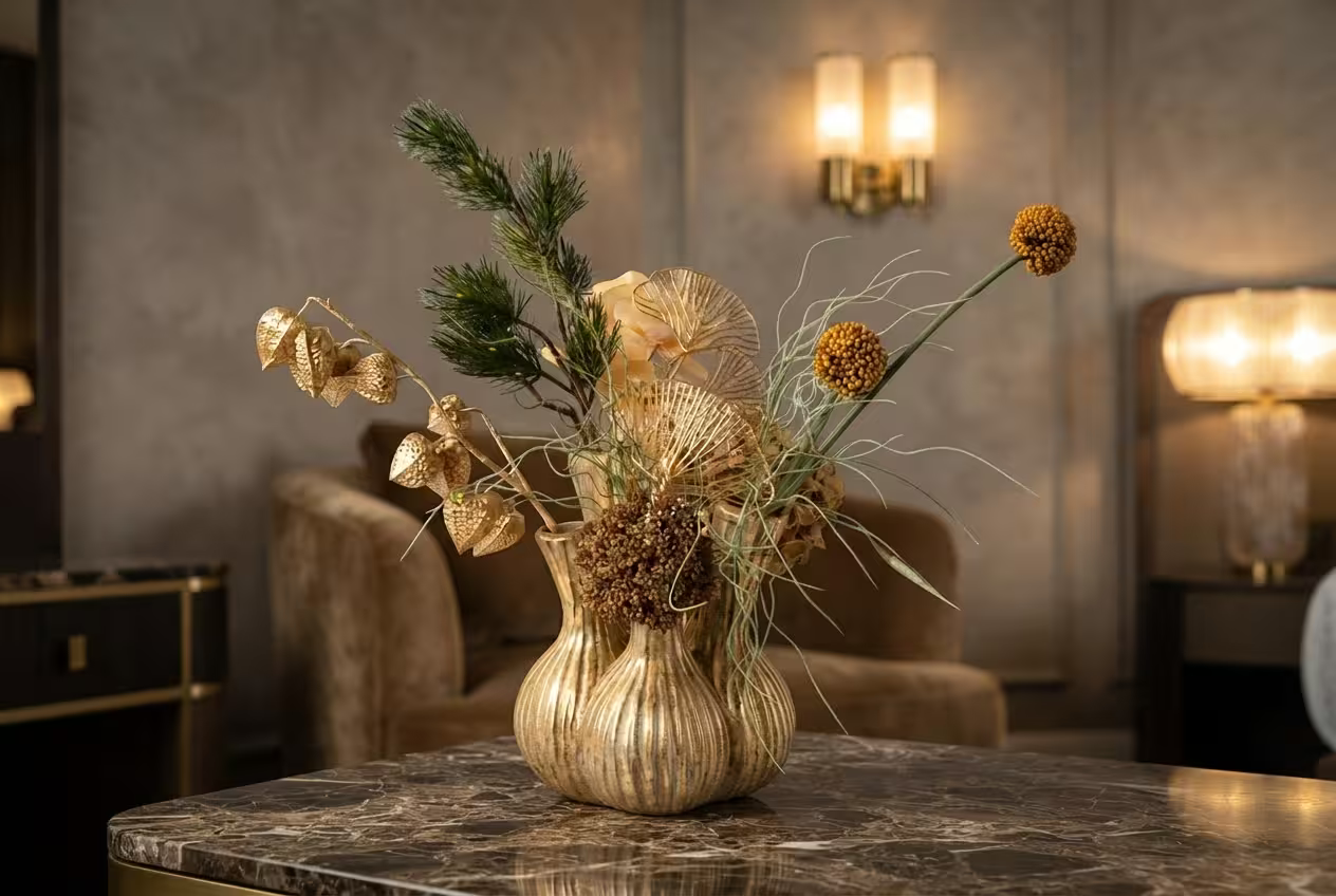 Gouden bloemarrangement in een geribbelde vaas op een marmeren tafel, in een warm verlichte hal