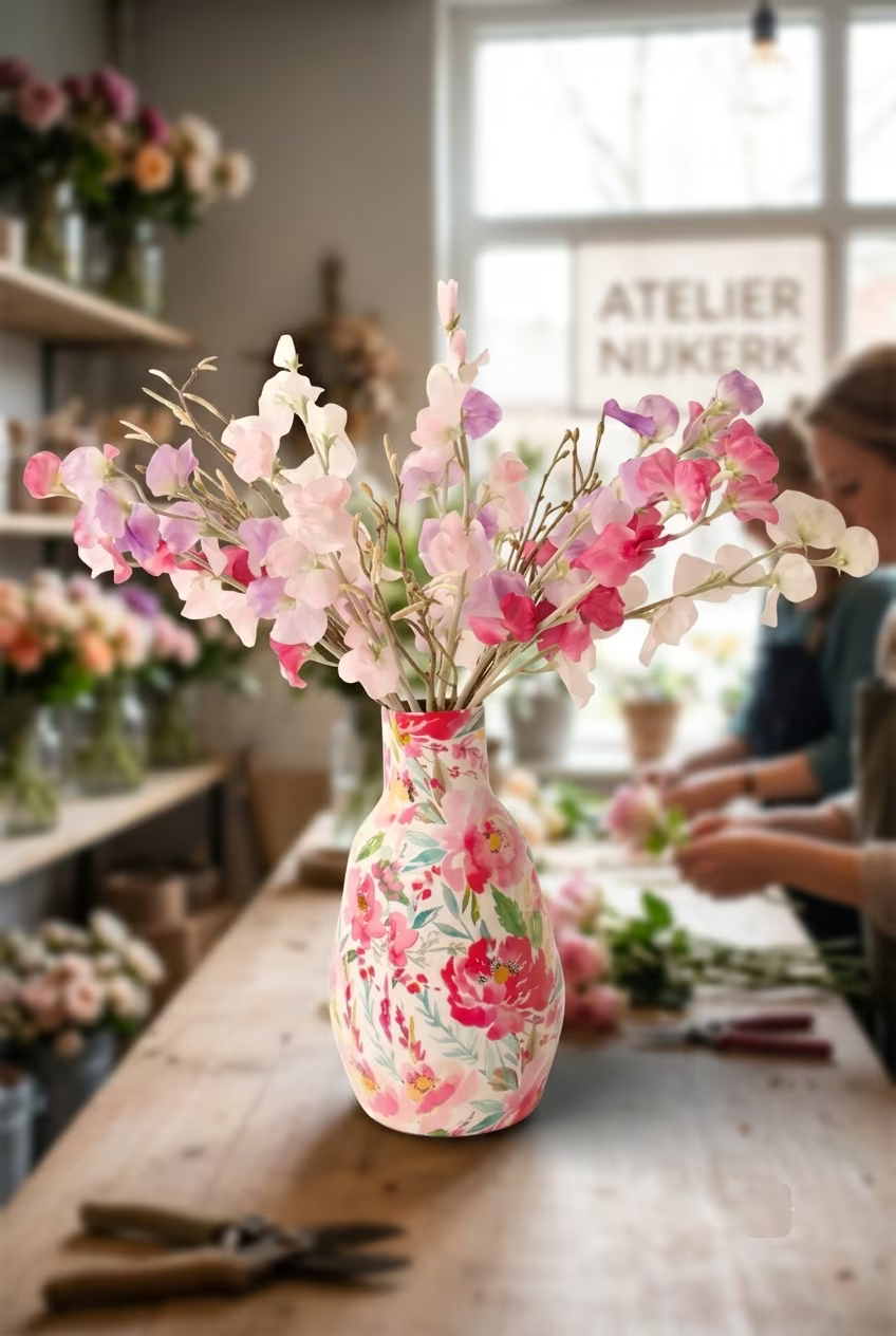 Bindtafel in het atelier: een bloembinder werkt aan een boeket, met vazen zijden bloemen op de schappen erachter